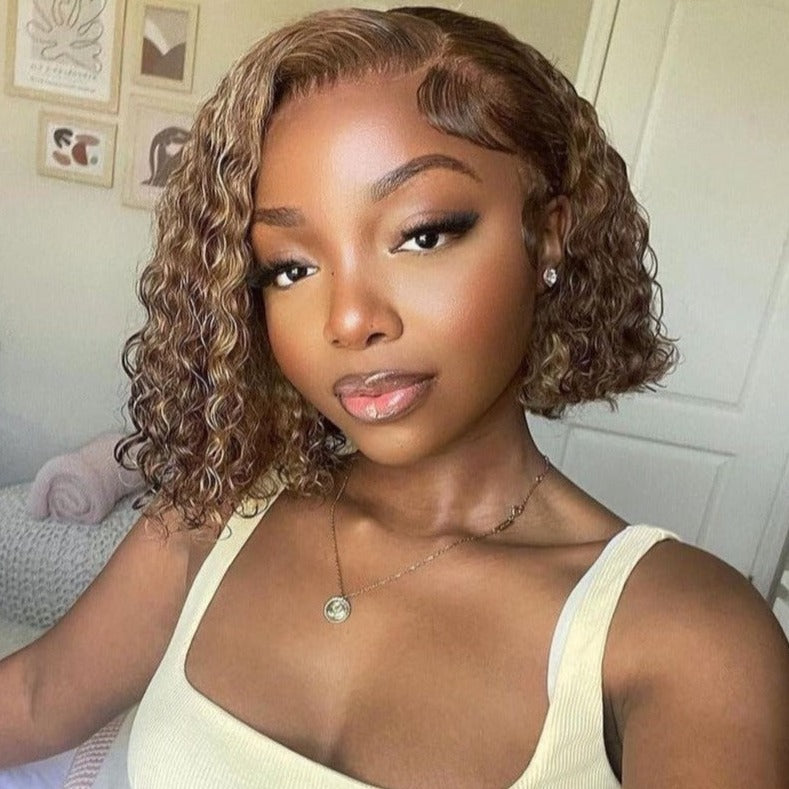 New Short Breathable Summer Pixie Style Bob Honey Blonde Piano Highlights ColorHuman Hair Bob Wigs With Side Part Highlight Piano Color Jerry Curly Bob Wig - arabellahair.com