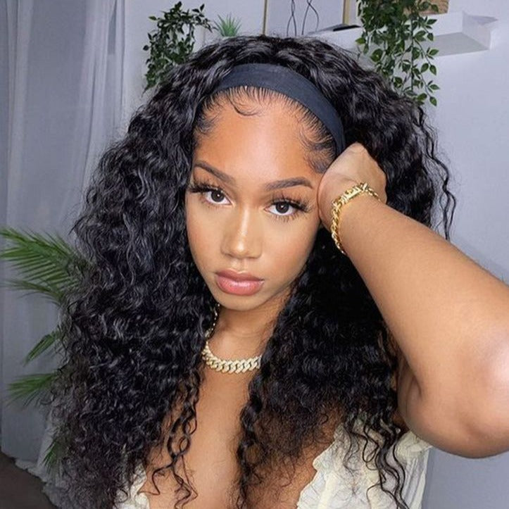 Headband Wig Glueless Natural Human Hair Wig Deep Wave Wig Lazy Girl Approved