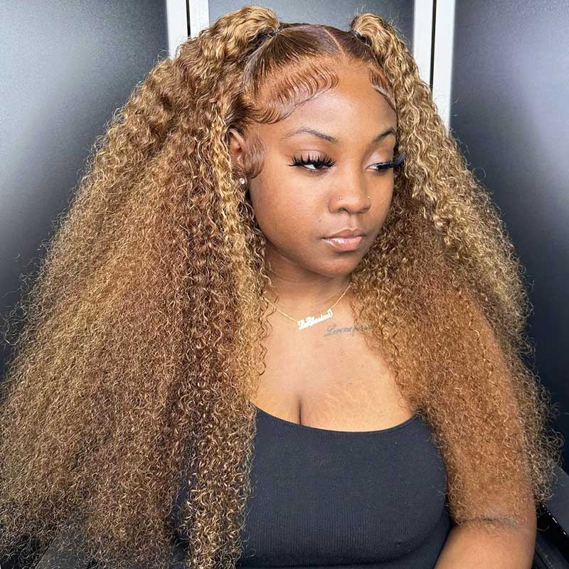 13x6 Lace Curly Wave Wig Honey Blonde Piano Highlights Color Lace Front Deep Wave Human Hair Wigs Free Part