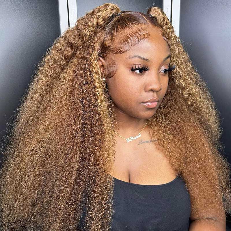 13x6 Lace Curly Wave Wig Honey Blonde Piano Highlights Color Lace Front Deep Wave Human Hair Wigs Free Part