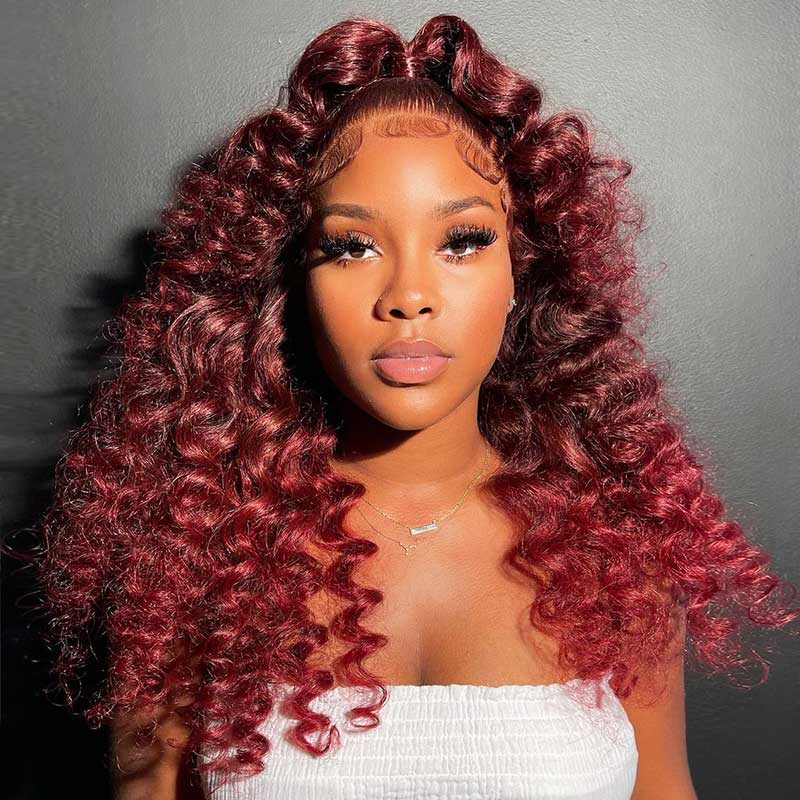 Loose Deep Wave Lace Frontal Burgundy 99J Red Colored Hair Closure Wigs Undetectable Hair Wig Color Wig Glueless