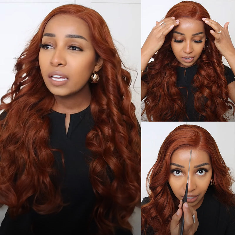 6x5 Pre-Cut Lace Dark Ginger Brown Colored C Part Wear&Go Glueless Loose Body Wave Human Hair Wigs