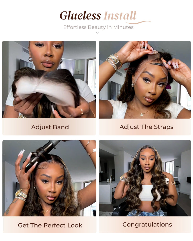 Arabella 13x4 Frontal Lace & 6x5 Invisible Knots Glueless Balayage Highlight Body Wave/Silky Straight Wig Invisible Knots Realistic Hairline