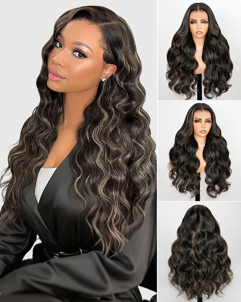 【BOGO】Arabella 6x5 Invisible Knots & 13x4 Frontal Lace Honey Blonde Highlights On Black Body Wave Wig Invisible Knots