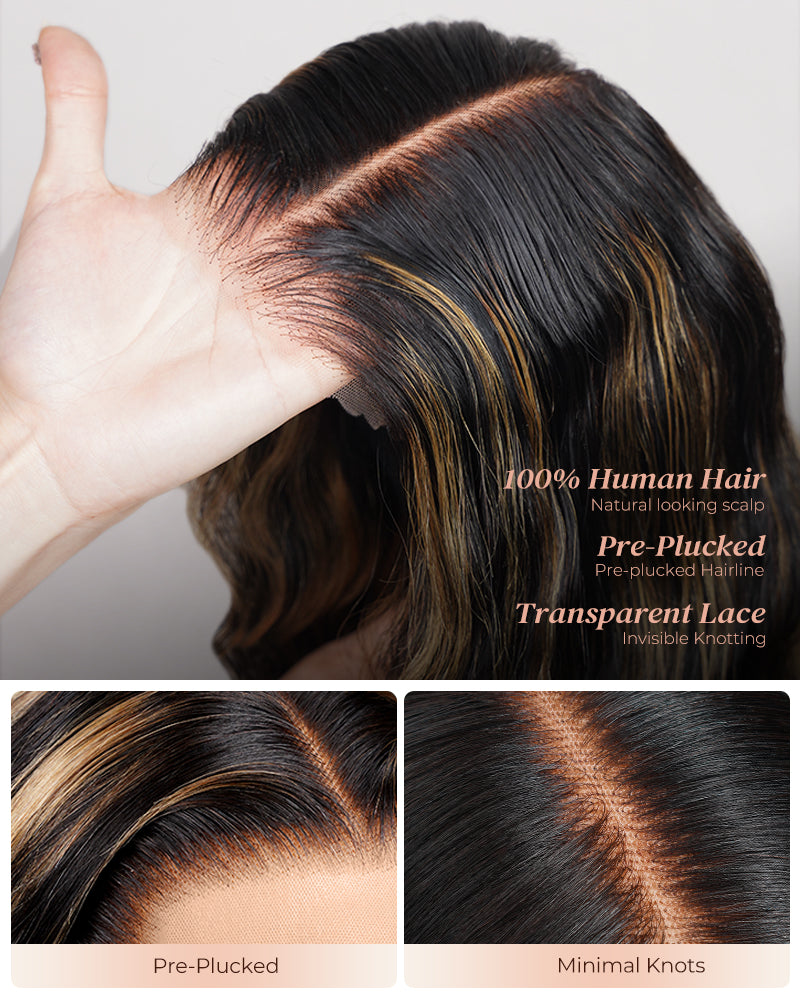 【BOGO】Arabella 6x5 Invisible Knots & 13x4 Frontal Lace Honey Blonde Highlights On Black Body Wave Wig Invisible Knots