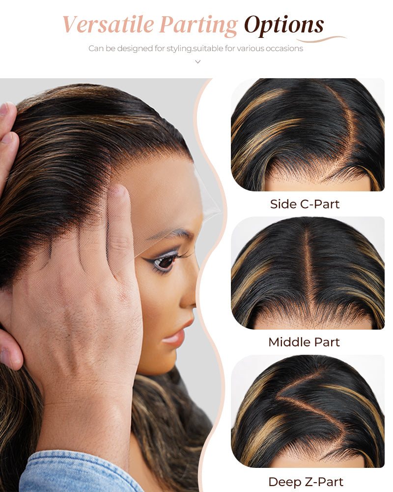 【BOGO】Arabella 6x5 Invisible Knots & 13x4 Frontal Lace Honey Blonde Highlights On Black Body Wave Wig Invisible Knots