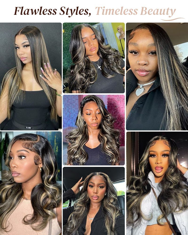 【BOGO】Arabella 6x5 Invisible Knots & 13x4 Frontal Lace Honey Blonde Highlights On Black Body Wave Wig Invisible Knots