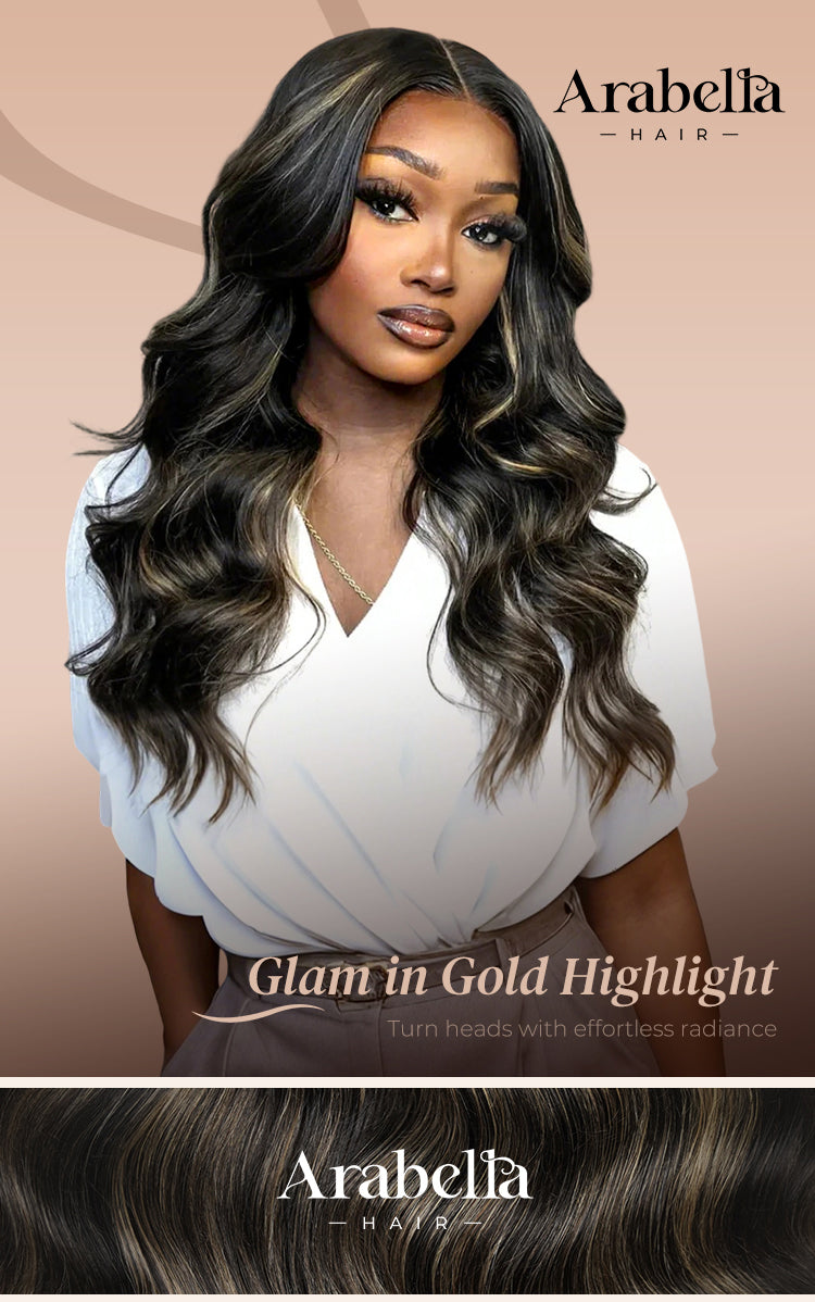 Poster Shows Model Wearing Gold Highlight Wig