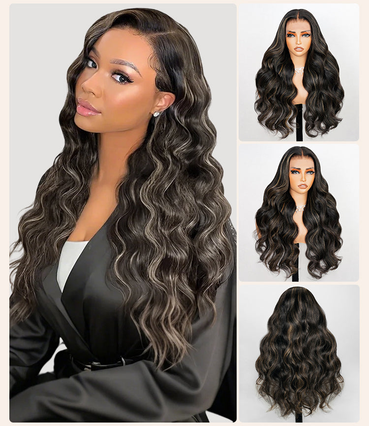 Collage of Gold Highlight Wig on Model and Mannequin