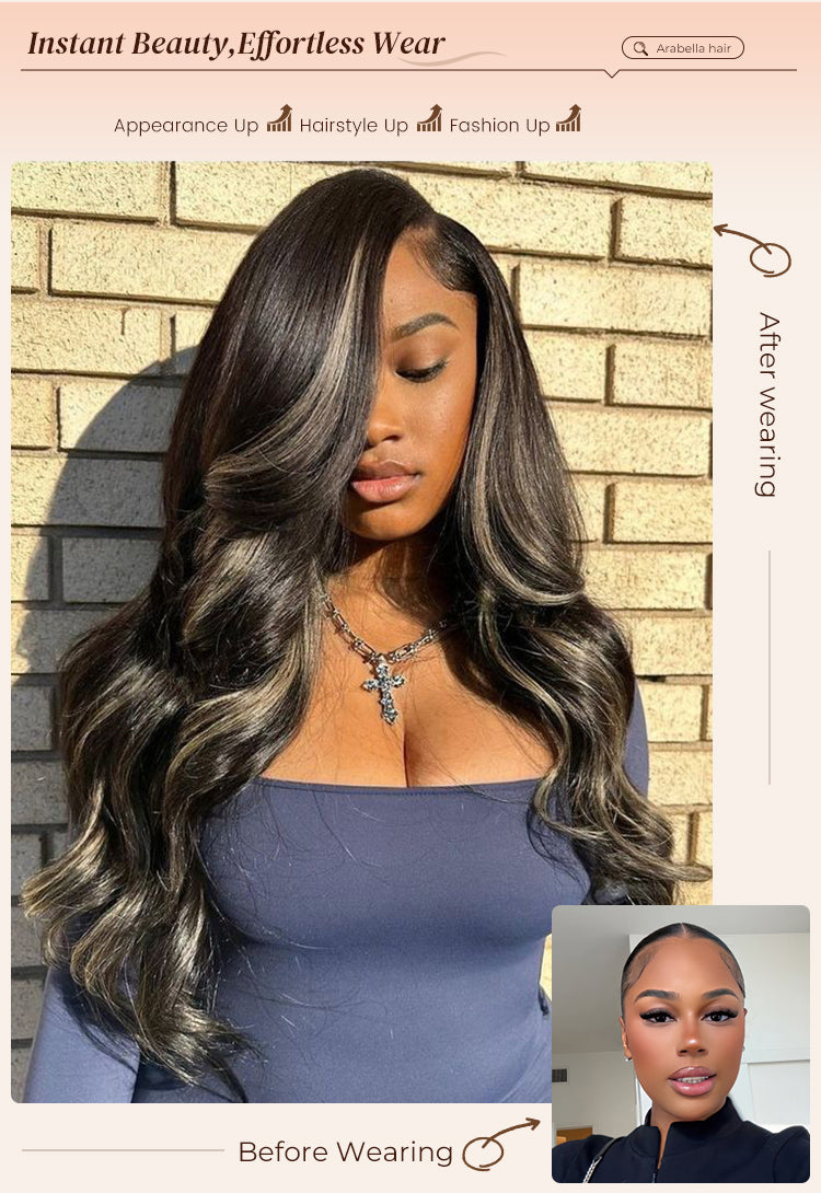 Before and After Wearing Gold Highlight Wig on Woman