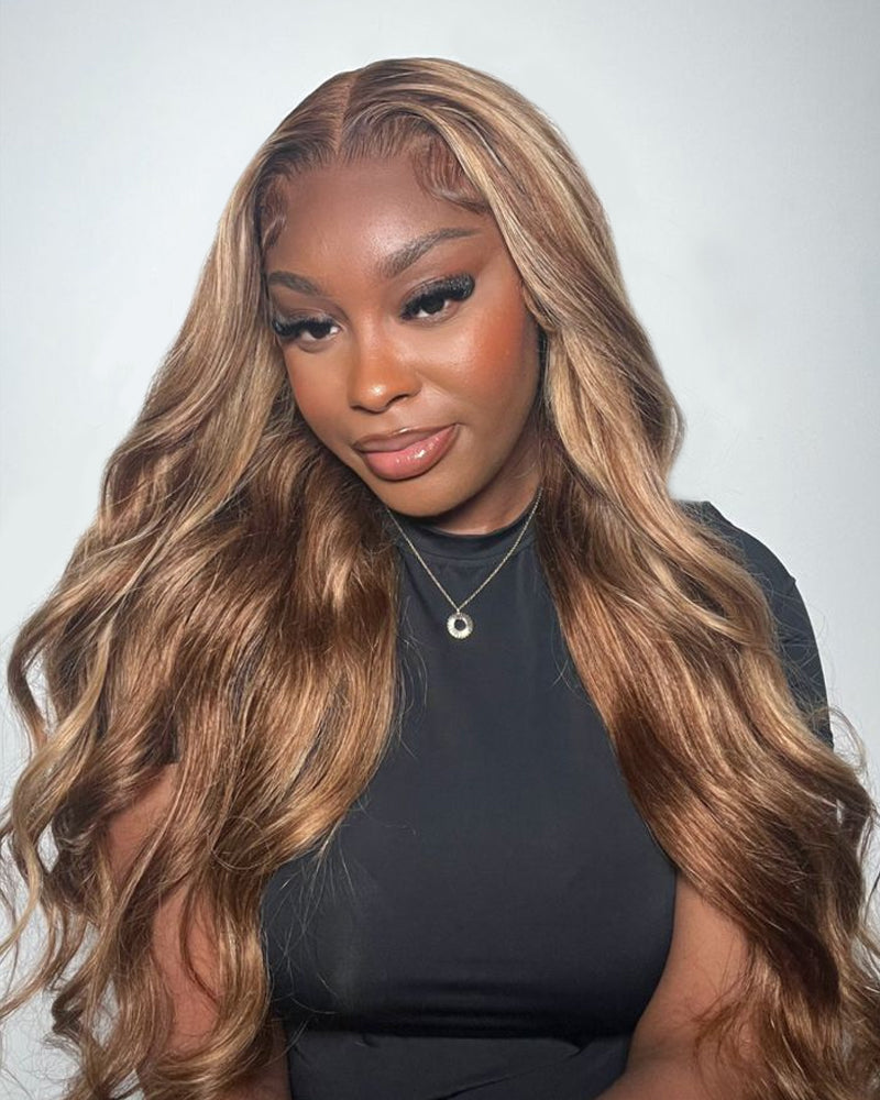 24" = $174 | Arabella 13x4 Frontal Lace Honey Blonde Highlights On Brown Wig Body Wave Wig Invisible Knots Realistic Hairline