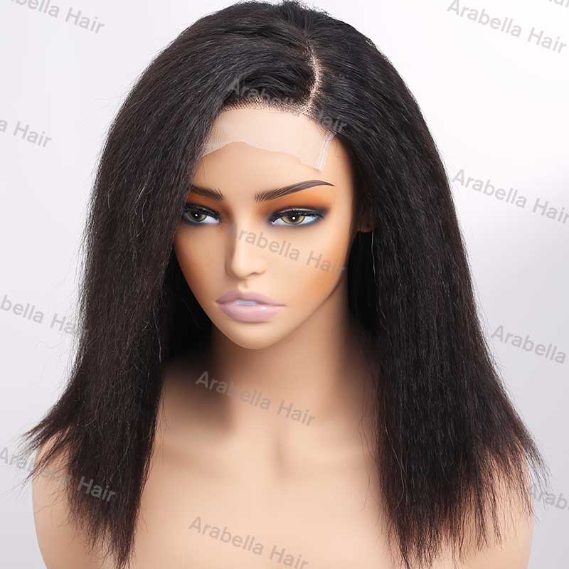Glueless Yaki Straight Short Bob Style 5x5 Lace Closure Wig Natural Black Human Hair Wigs