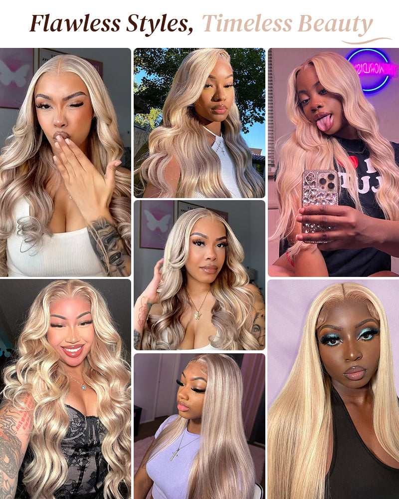 Arabella 13x4 Frontal Lace Blonde Highlight Body Wave/Silky Straight Colored Wig Invisible Knots Realistic Hairline