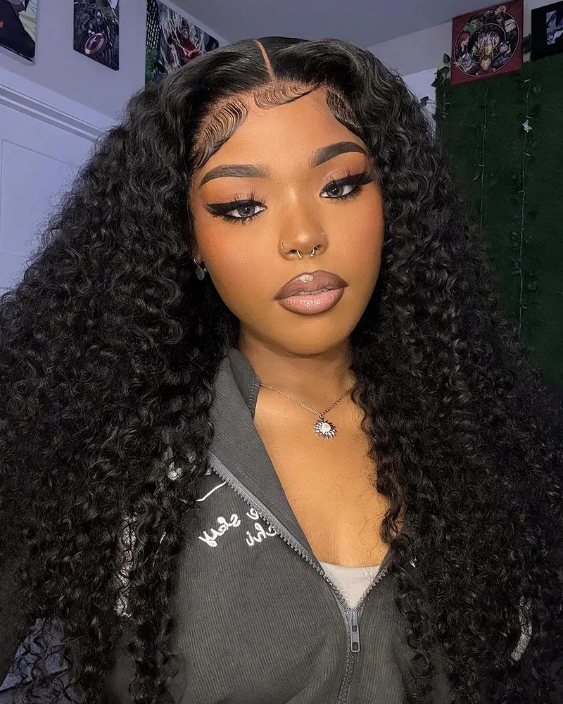 000Arabella 13x4 Frontal Lace Jerry Curly Wig Invisible Knots Natural Black Realistic Hairline