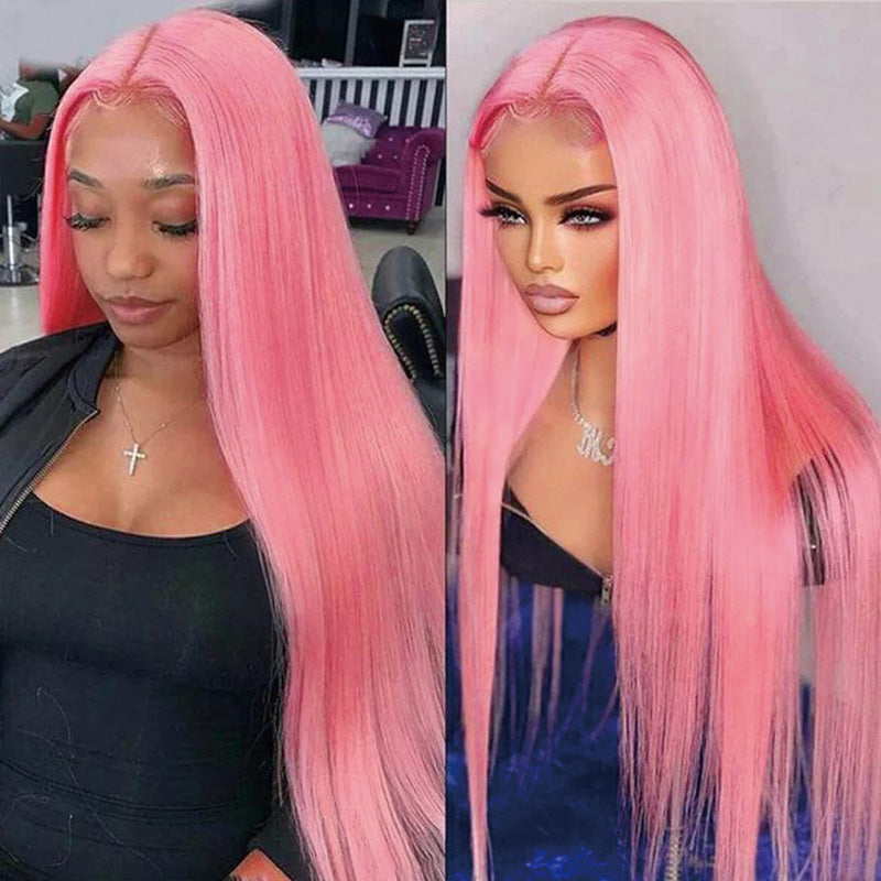 00030" 13x4 Lace Front Pink Color Straight Colored Wigs Bleached Knots Human Hair Wig