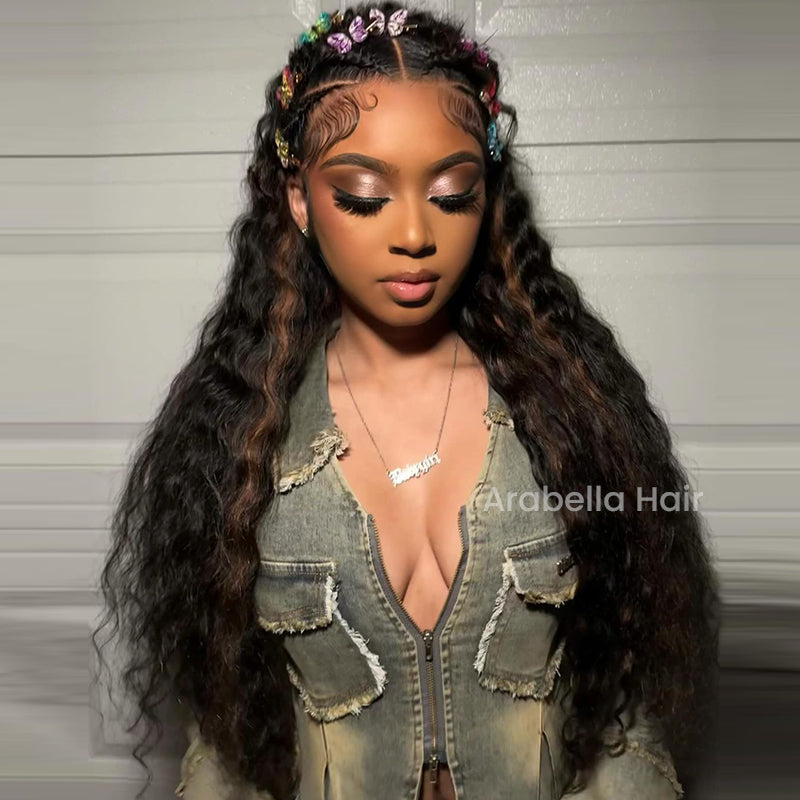 【BOGO】Arabella 13x4 Frontal Lace Auburn Highlights on Black Hair Loose Deep Wave Wig Invisible Knots Realistic Hairline