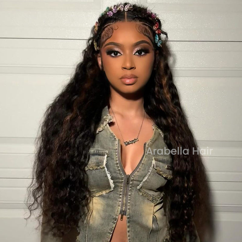 【BOGO】Arabella 13x4 Frontal Lace Auburn Highlights on Black Hair Loose Deep Wave Wig Invisible Knots Realistic Hairline