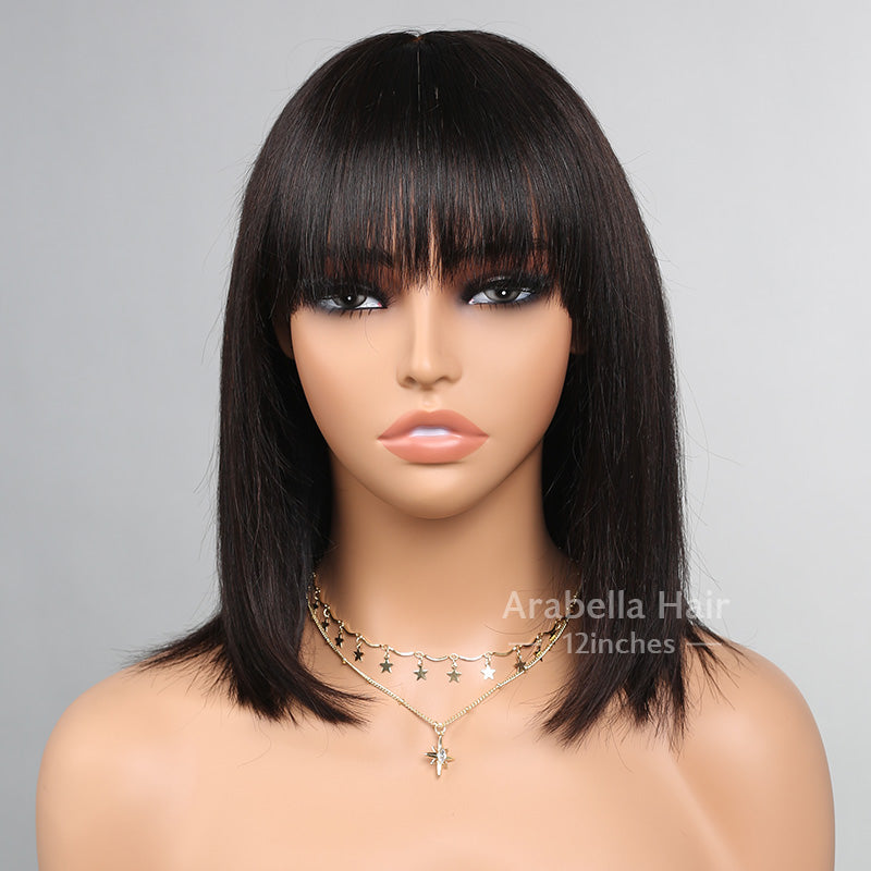 Glueless Lace Bob Wigs With Bangs 12 Inch Natural Black Straight Human Hair Wear&Go 3x2 Lace wigs