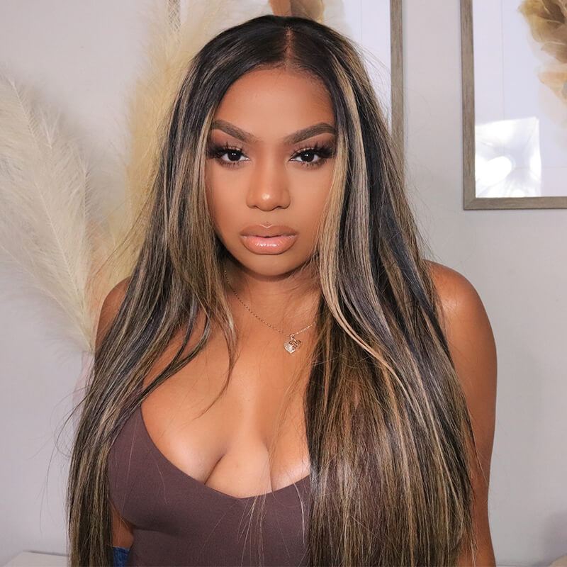 34" 13x4 Glueless Lace Straight Balayage Highlight Colored Lace Front Bleach Knots Human Hair Wig