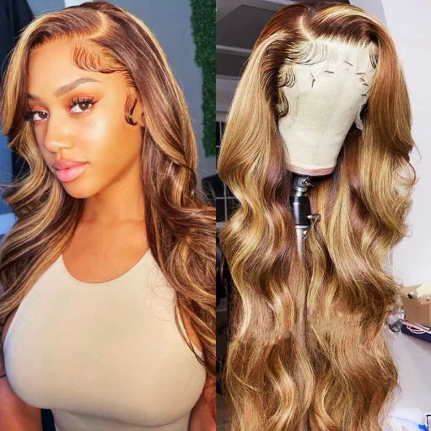 Human hair wig 13*4 HD Lace Front Body Wave Wig Honey Blonde Piano Highlights Transparent Human Hair Wigs 250% Density Free Part - arabellahair.com