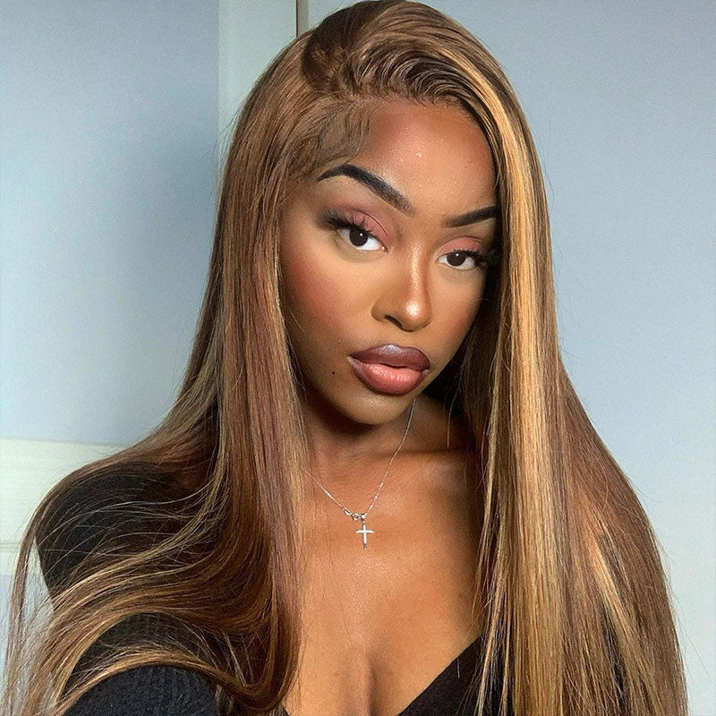 30" 13x4 Lace Front Honey Blonde Piano Highlights Color Straight Colored Wigs Glueless Human Hair Wig