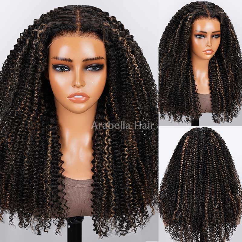 Arabella 6x5 invisible knots Glueless Honey Blonde Highlights On Black Kinky Curly Wig Pre-cut Lace Beginner Friendly
