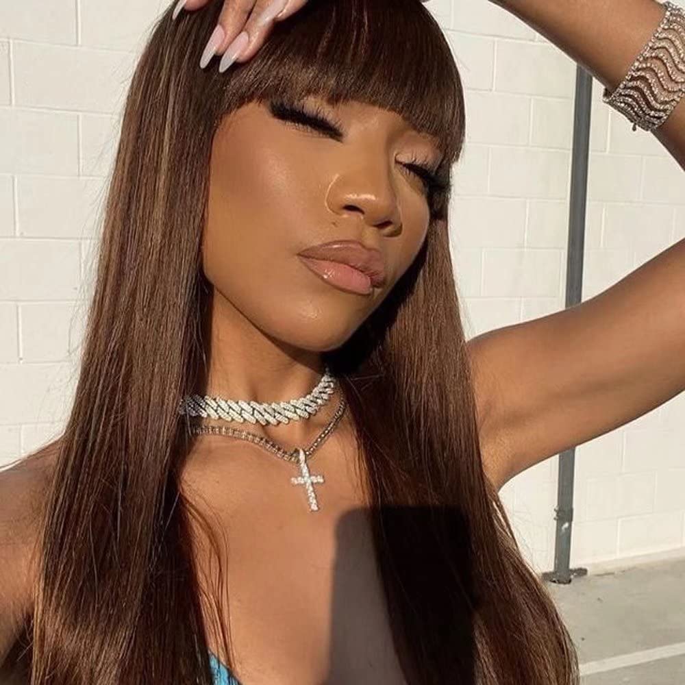 3x2 Lace Chestnut Dark Brown Color Wig Straight With Bangs
