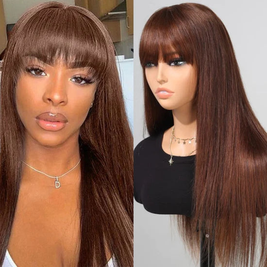 3x2 Lace Chestnut Dark Brown Color Wig Straight With Bangs