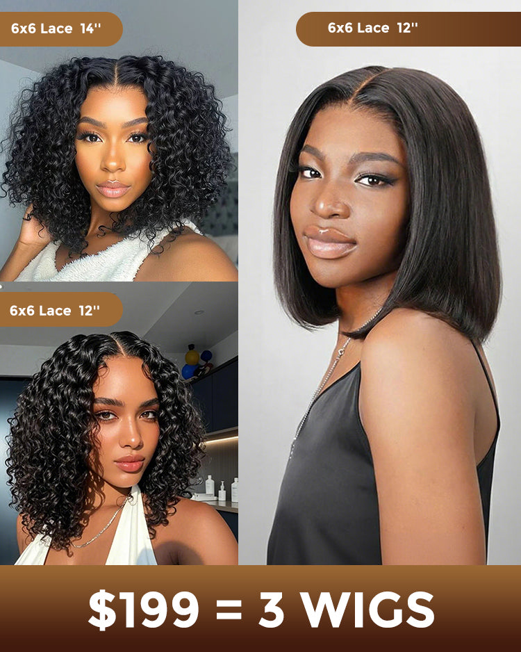 $199 = 3 WIGS | 6x6 Lace Natural Black Wig | 14inch Jerry Curly Plus 12inch Jerry Curly Plus 12inch Straight