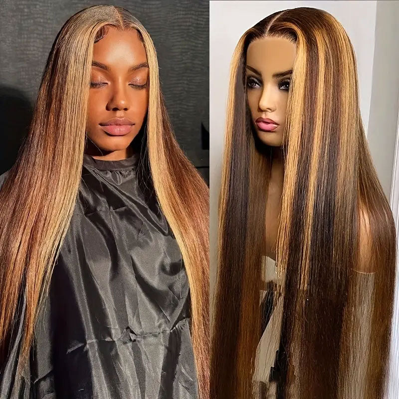 30" 13x4 Lace Front Honey Blonde Piano Highlights Color Straight Colored Wigs Glueless Human Hair Wig