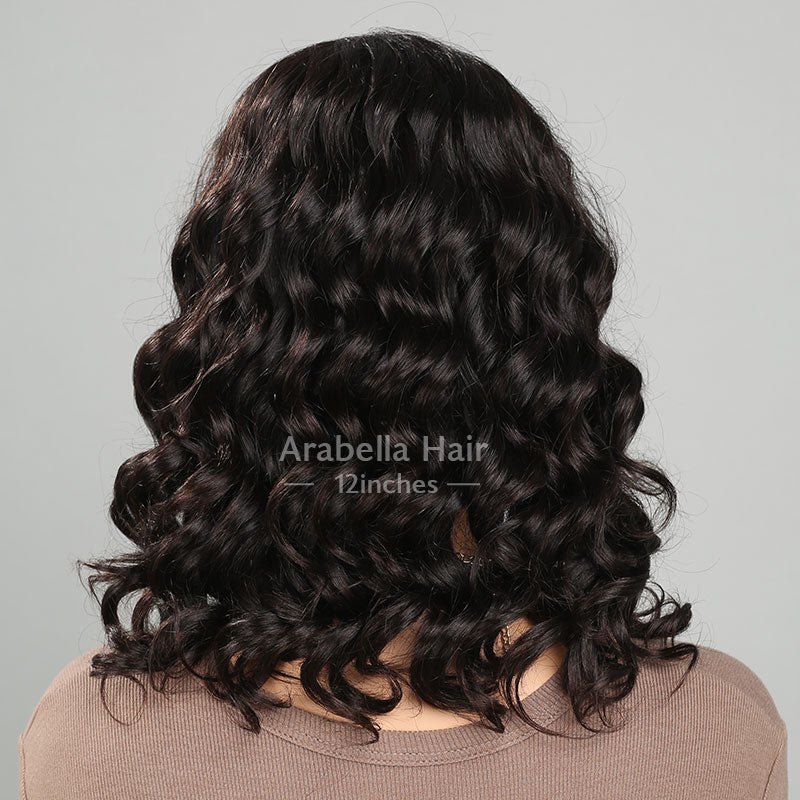 Loose Wavy Style Bob Wig With Bangs Glueless Wig Non-Lace Machine Made For Women Natural Black Protective Style Human Hair Wigs