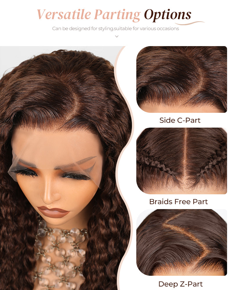 Chestnut Brown Color Water Wave Curly 13x4/6x5 Lace Human Hair Wig Free Parting