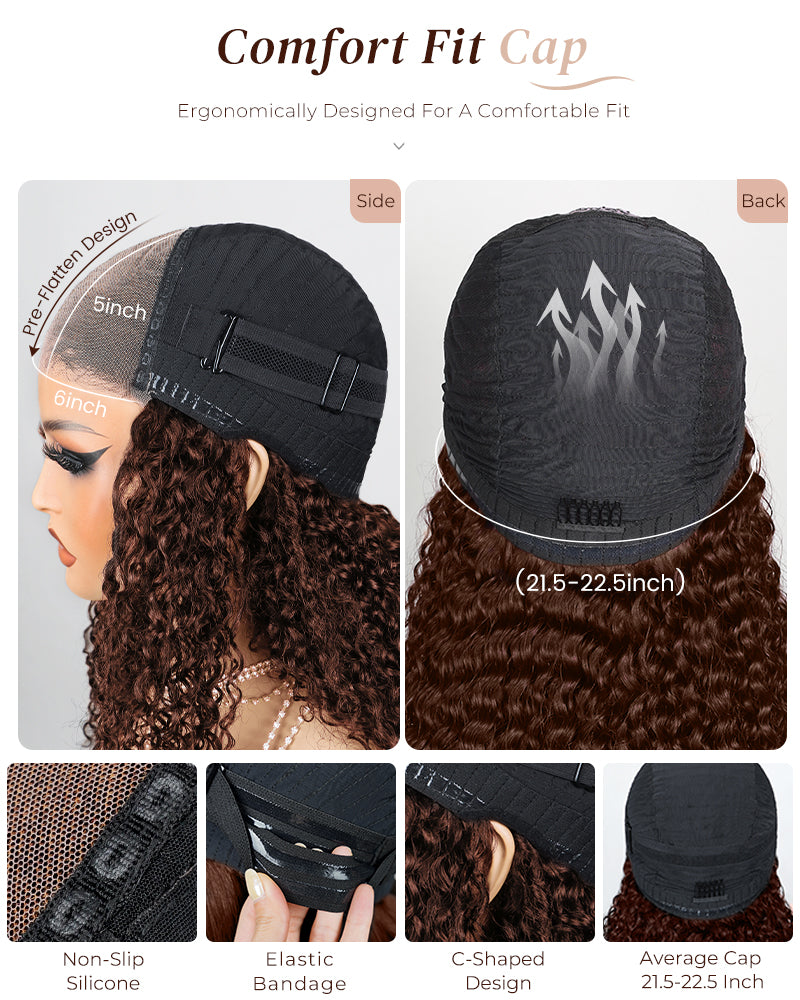 Chestnut Dark Brown Bohemian Natural Curl Pre-Cut 6x5 Lace Glueless Human Hair Wig Middle Part