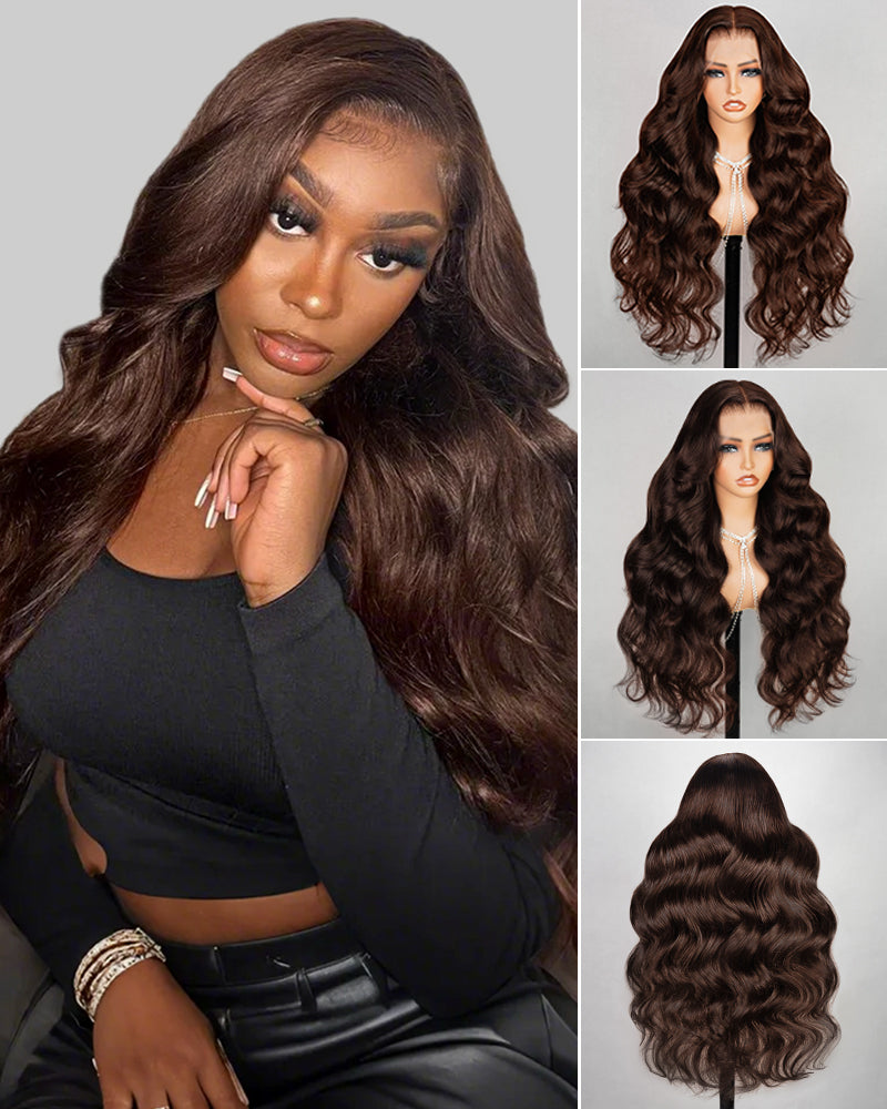 Arabella 13x4 Frontal Lace & 6x5 Invisible Knots Glueless Chocolate Brown Body Wave/Silky Straight Wig Invisible Knots Realistic Hairline