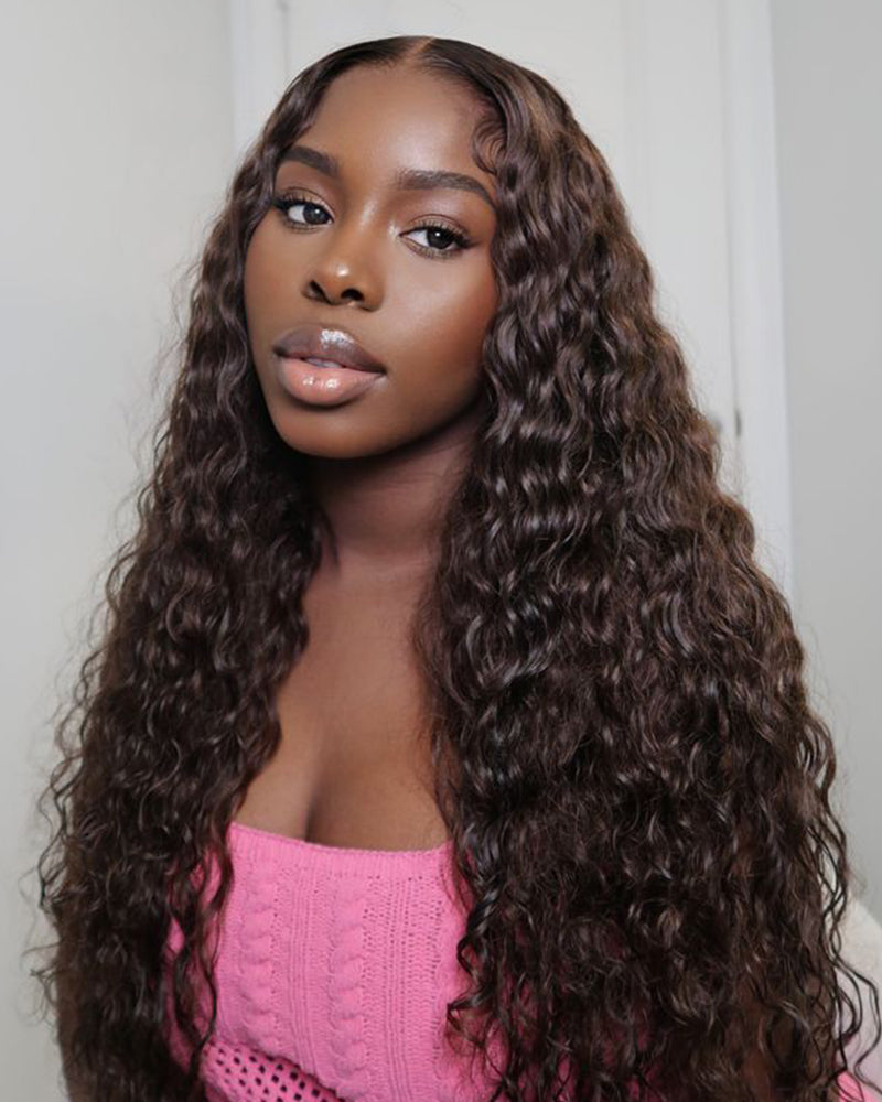 【$299 = 2 WIGS】Arabella 13x4 Frontal Lace & 6x5 Invisible Knots Glueless Chocolate Brown Water Wave Wig Invisible Knots Realistic Hairline