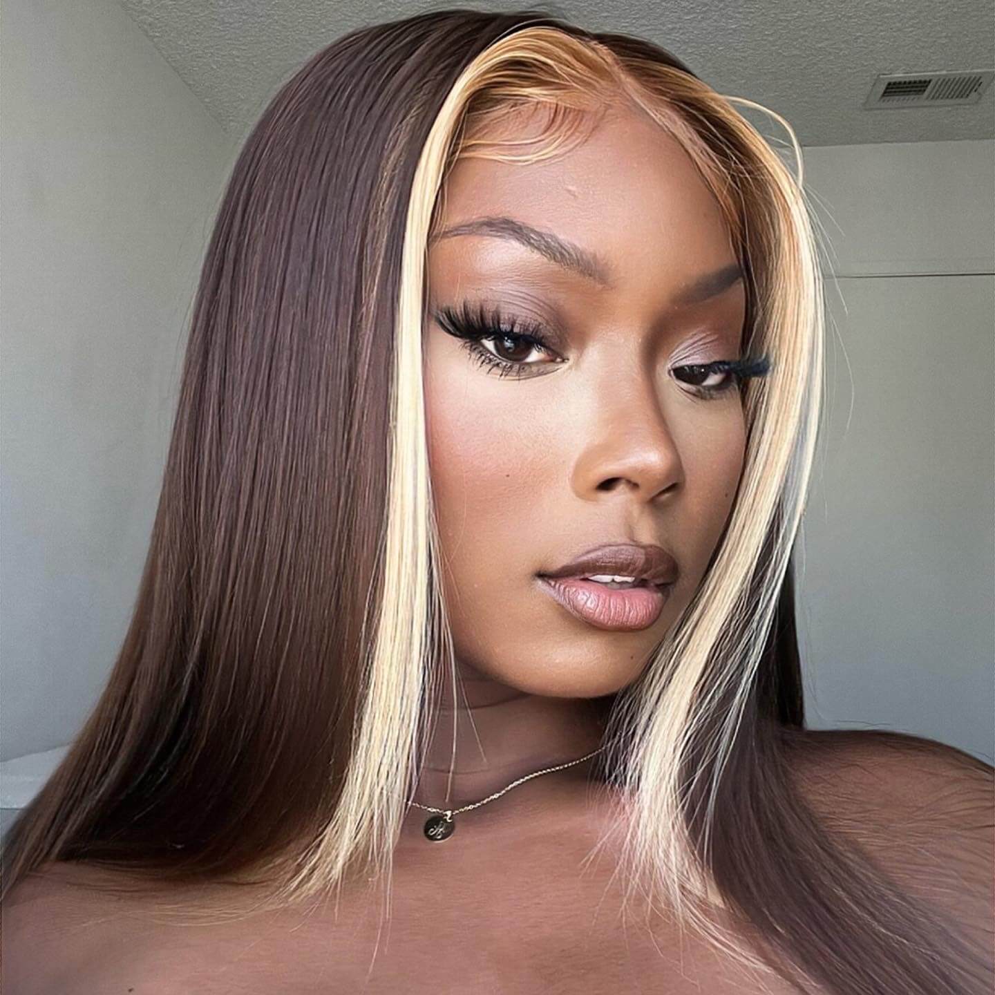 Skunk Stripe Highlight in Chocolate Brown Color 13*4/13*6/5*5/4*4 Lace Transparent Lace Side Part Straight Glueless Long Human Hair Wig 180%/210% Density H427 - arabellahair.com