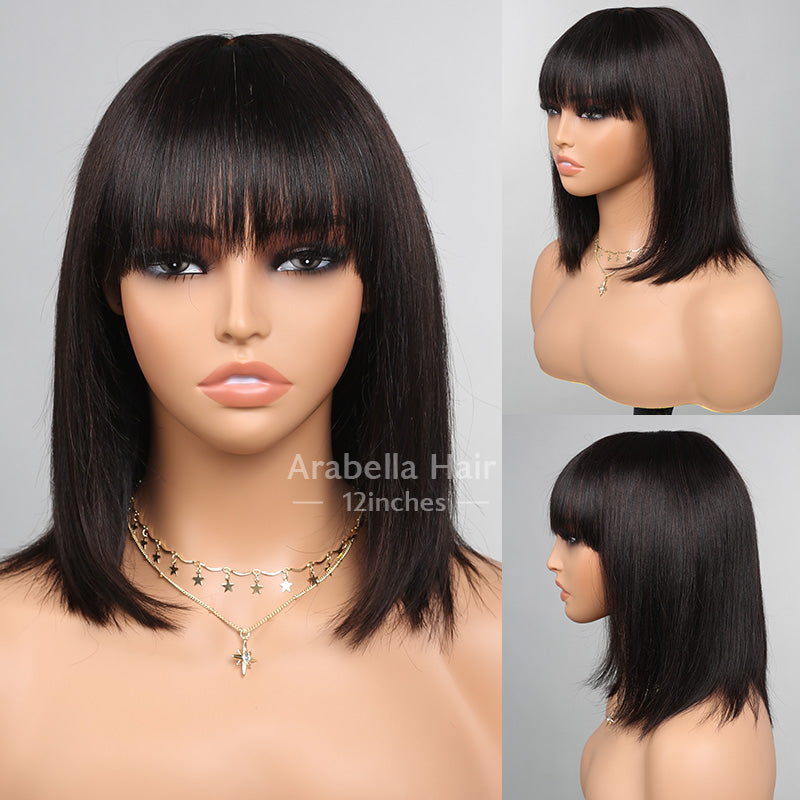 Glueless Lace Bob Wigs With Bangs 12 Inch Natural Black Straight Human Hair Wear&Go 3x2 Lace wigs
