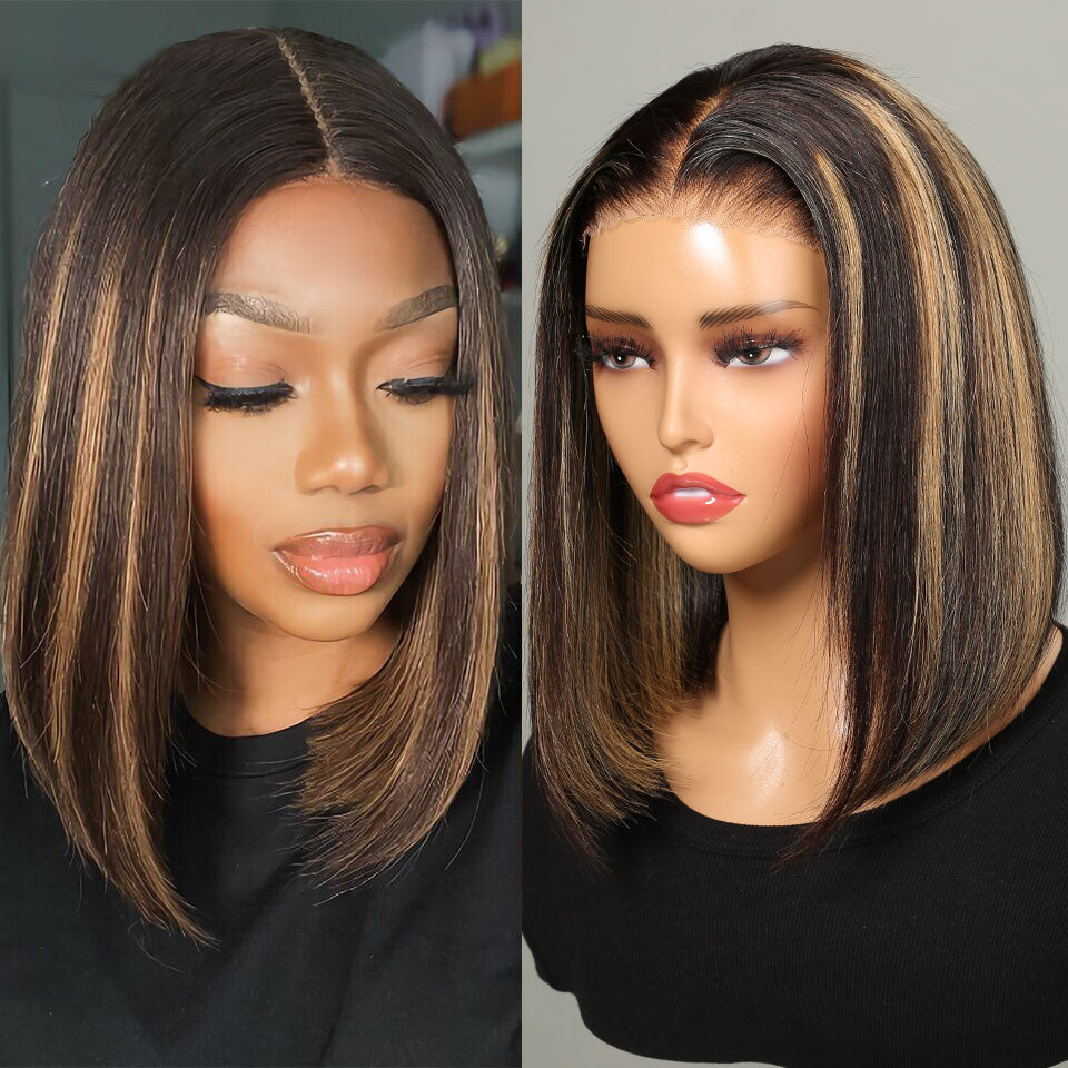 6x5 Pre-Cut Lace Glueless Balayage Bob Style Straight Highlight Colored Human Hair Wig