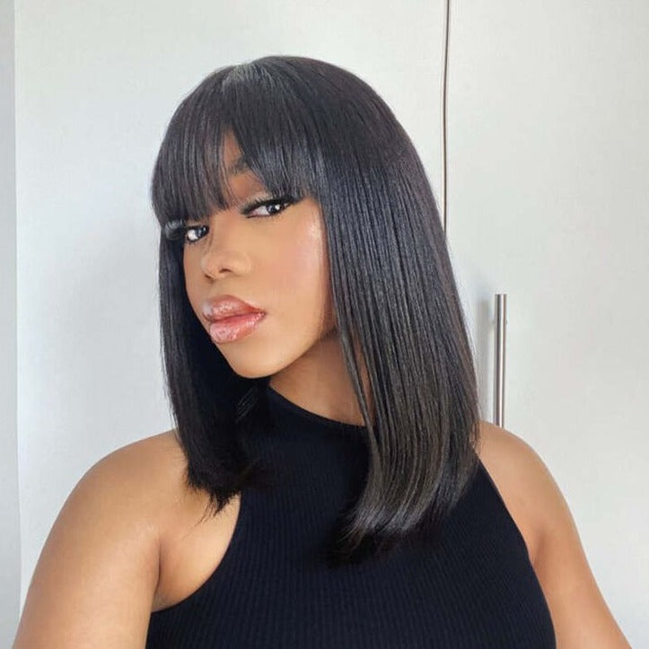 Glueless Lace Bob Wigs With Bangs 12 Inch Natural Black Straight Human Hair Wear&Go 3x2 Lace wigs