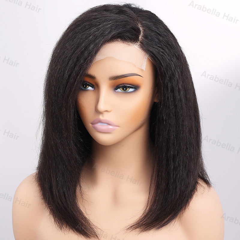 Glueless Yaki Straight Short Bob Style 5x5 Lace Closure Wig Natural Black Human Hair Wigs