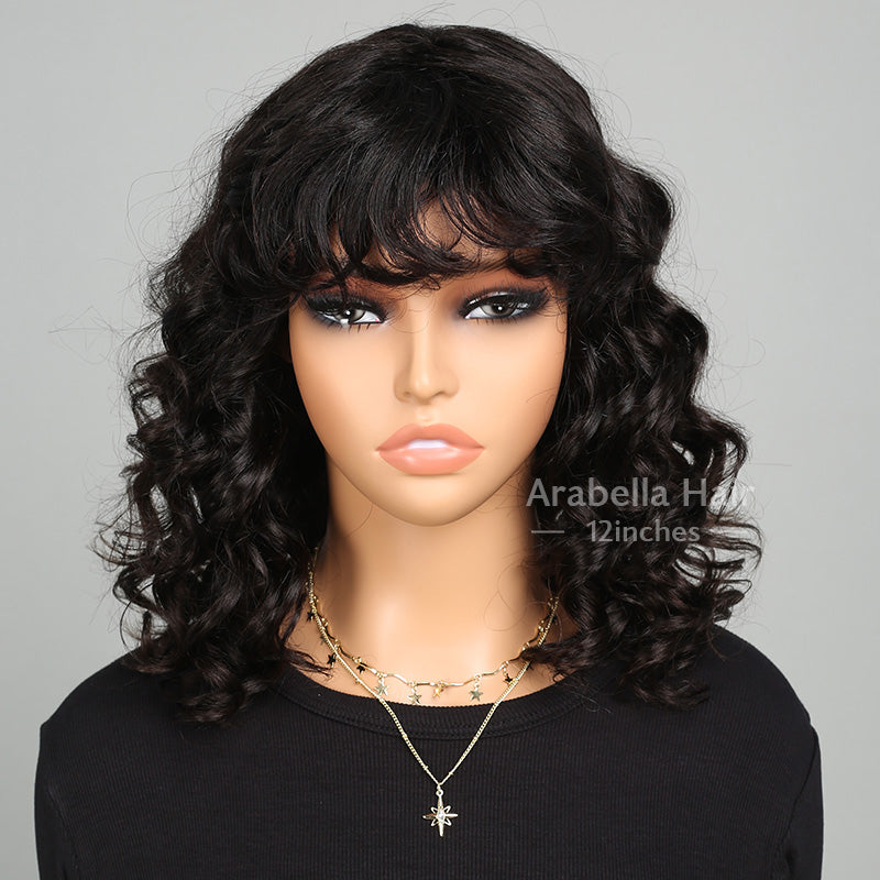 Loose Wavy Style Bob Wig With Bangs Glueless Wig Non-Lace Machine Made For Women Natural Black Protective Style Human Hair Wigs