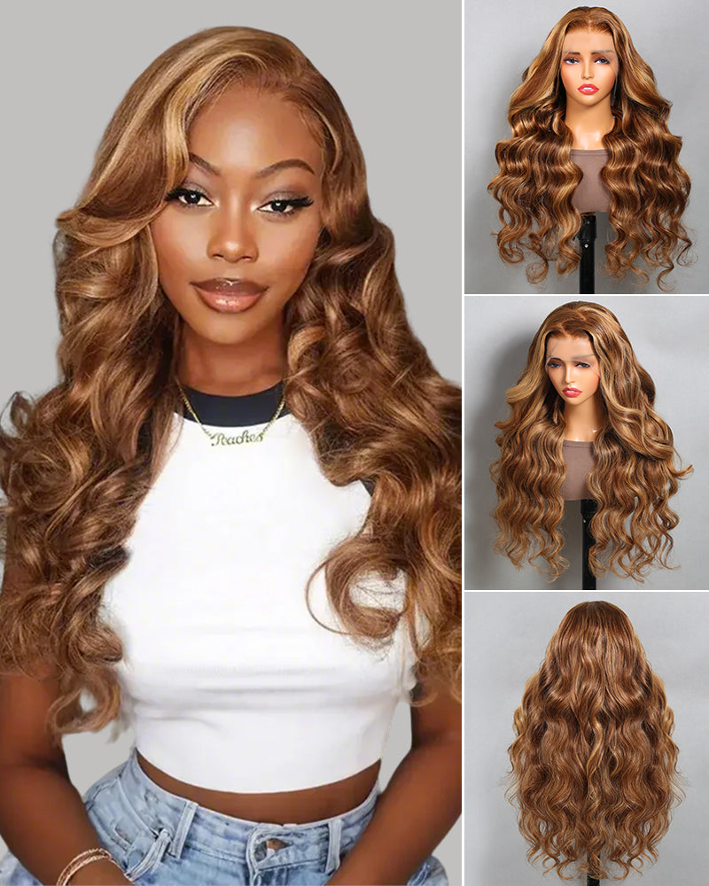 Arabella 13x4/6x5 Lace Honey Blonde Highlights On Brown Wig Body Wave Wig Invisible Knots Realistic Hairline
