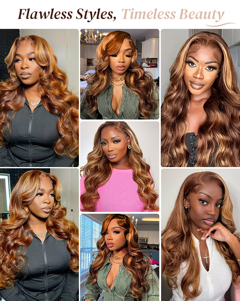 【$299 = 2 WIGS】Arabella 6x5 invisible knots Glueless Honey Blonde Highlights On Brown Wig Body Wave Wig Realistic Hairline