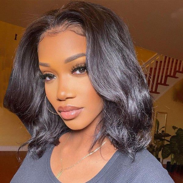 12" 360 Lace Front Short Body Wave Natural Black Color Bob Wigs Human Hair Wigs