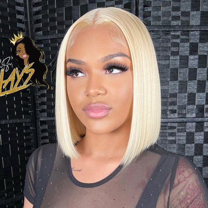 12" 613 Blonde Colored Straight Bob Wig 13x4 Lace Frontal Human Hair Wig
