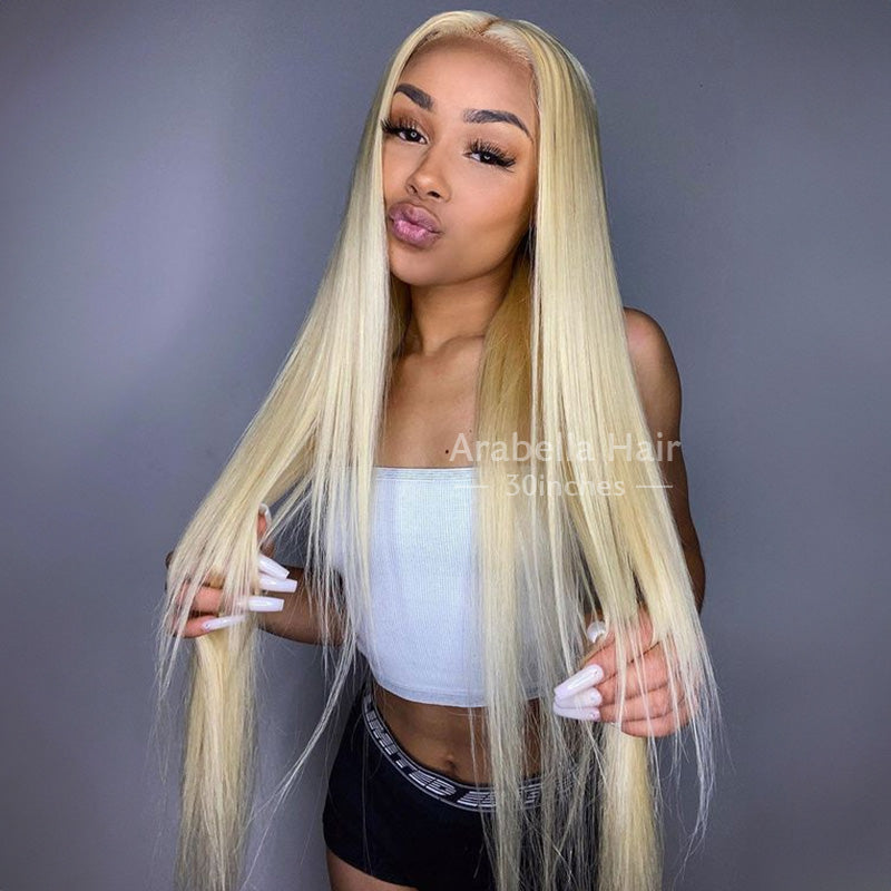 30" Pre-Cut 13x4 Upgrade Lace Front 613 Blonde/Pink Colored Straight Human Hair Wig Free Part