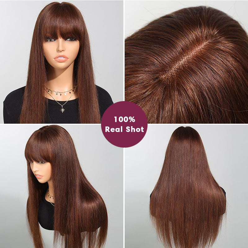 3x2 Lace Chestnut Dark Brown Color Wig Straight With Bangs
