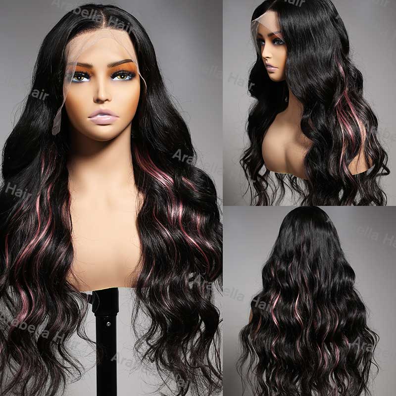 Peekaboo Highlight Pink Highlight Colored Wig Body Wave 13x4 Lace Front Wigs Human Hair Wig