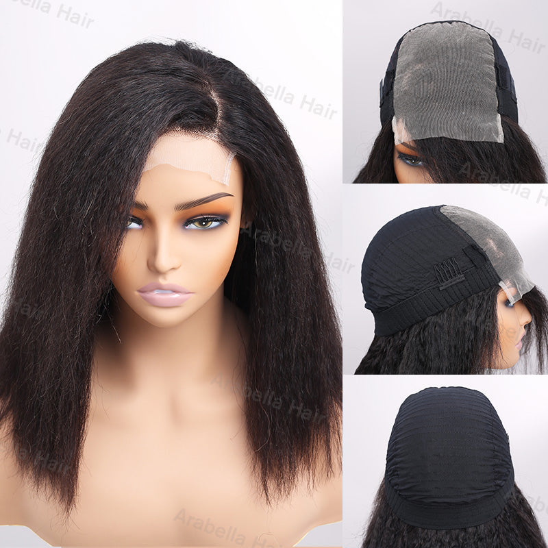 Glueless Yaki Straight Short Bob Style 5x5 Lace Closure Wig Natural Black Human Hair Wigs