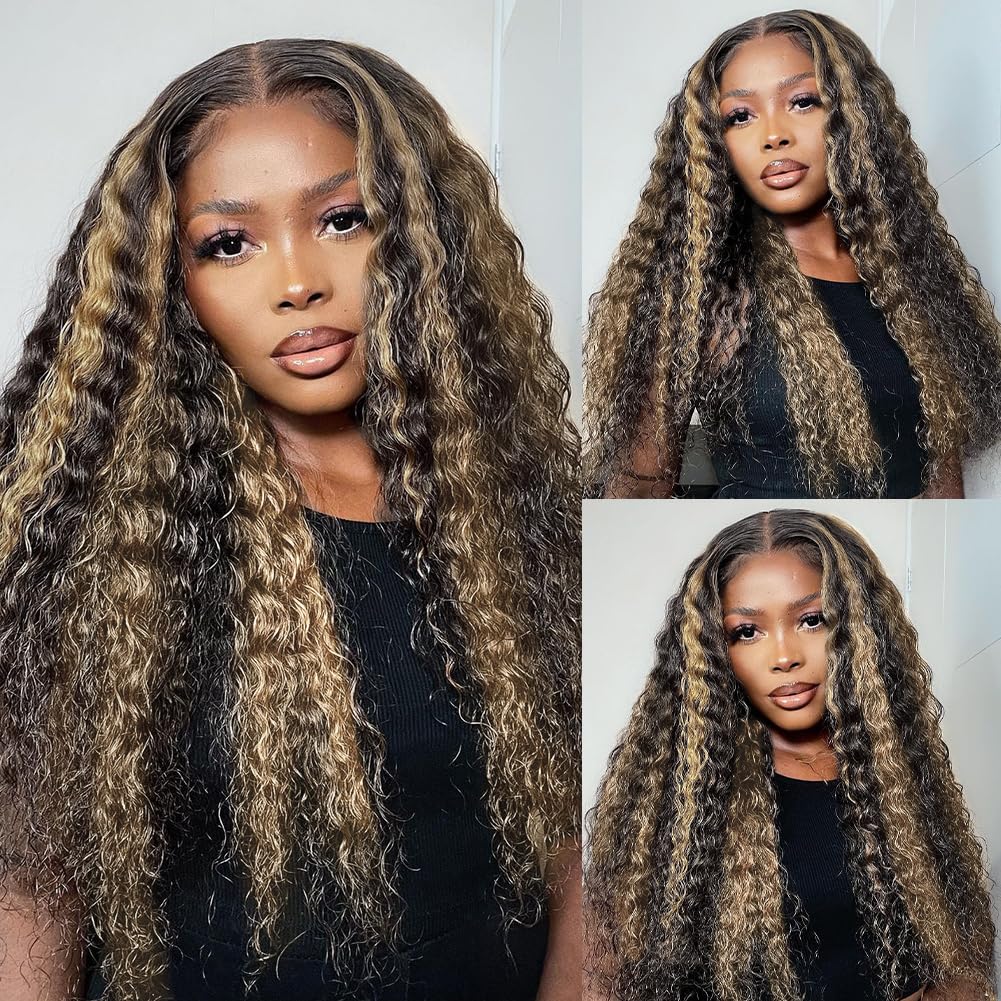 13x4 Lace Balayage Highlight Deep Wave Curly Style Lace Front Color Human Hair Wigs Free Part